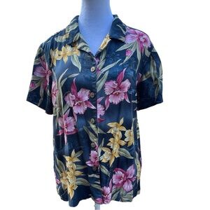 LA CABANA M blue & tropical flower Hawaiian short sleeve vintage shirt